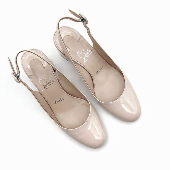 CHRISTIAN LOUBOUTIN So Jane Sling Beige Heels Size 37 Patent Leather Block - Picture 6 of 14